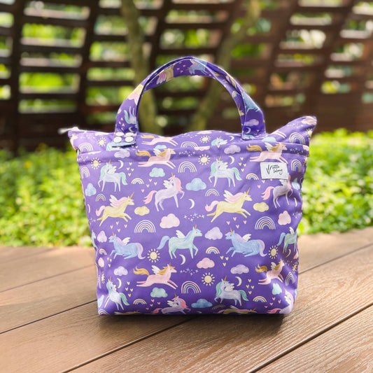 purple unicorn eco-friendly tote bag made from recycled plastic