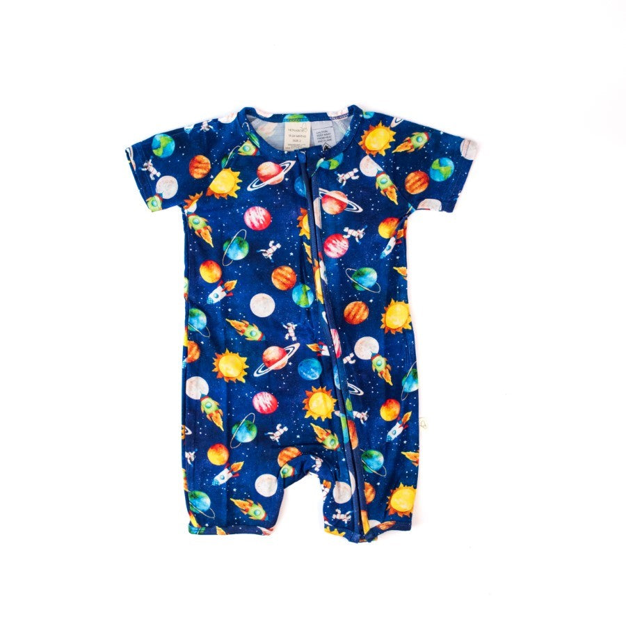 Short-sleeve Bamboo Zip Rompers (Bootysuit) - Blast Off
