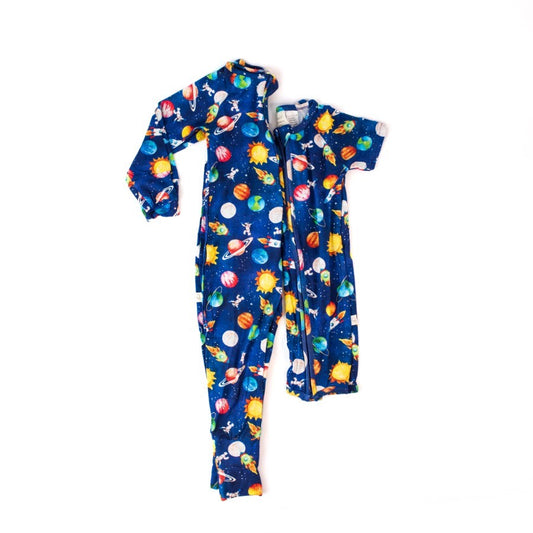 Long-sleeve Bamboo Zip Romper (Bootysuit) - Blast Off