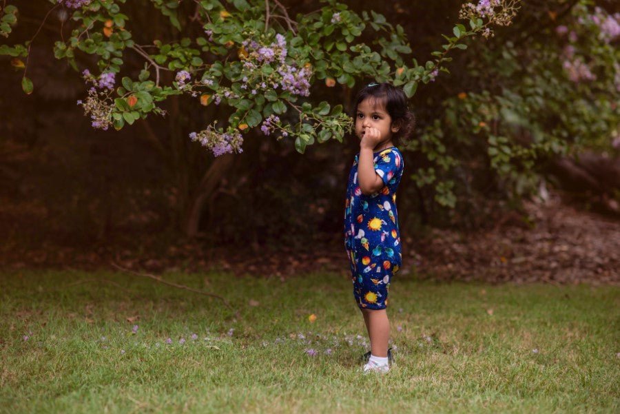 Short-sleeve Bamboo Zip Rompers (Bootysuit) - Blast Off