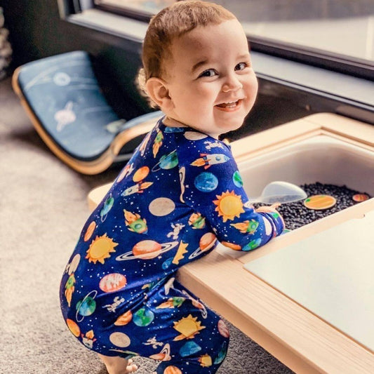 Long-sleeve Bamboo Zip Romper (Bootysuit) - Blast Off