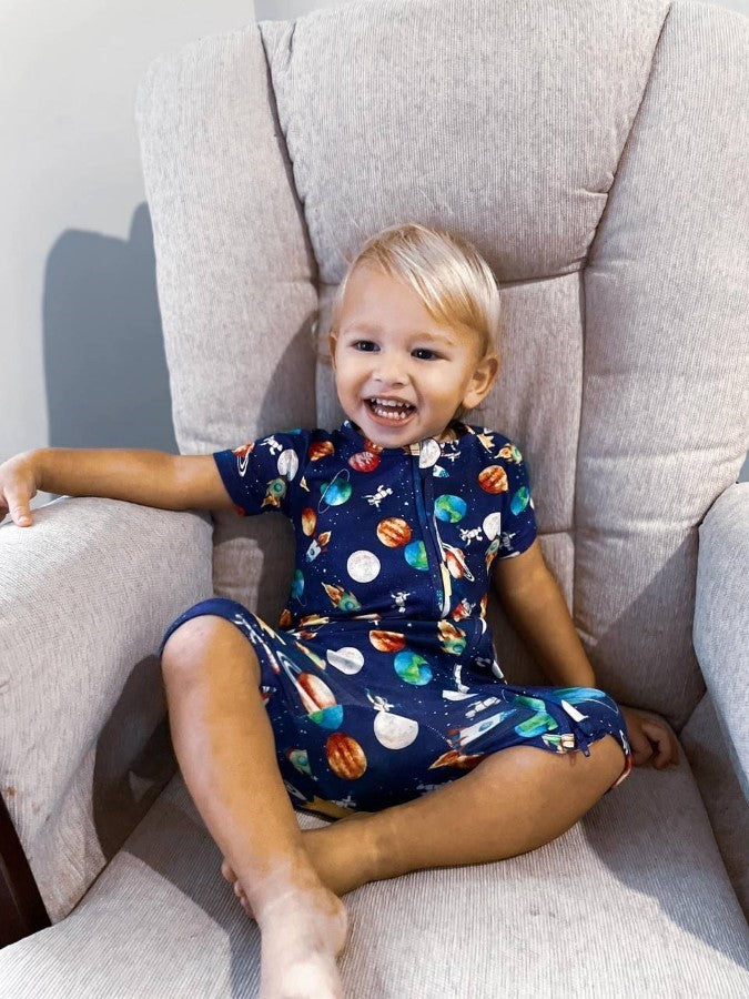 Short-sleeve Bamboo Zip Rompers (Bootysuit) - Blast Off