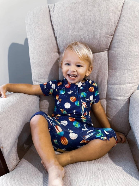 Short-sleeve Bamboo Zip Rompers (Bootysuit) - Blast Off